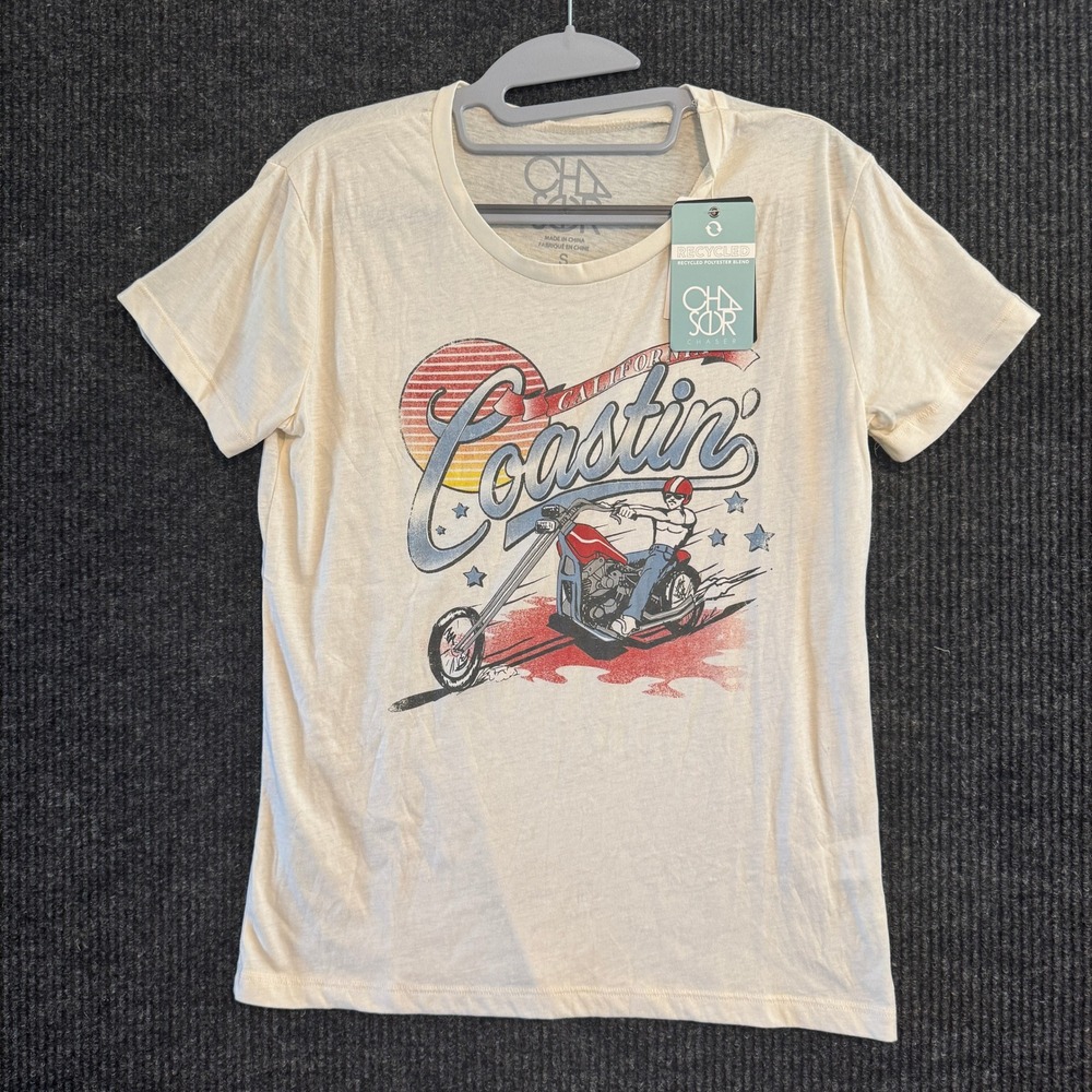 Chaser Graphic Tee Women Small Cream California Coastin Motorcycle Retro NWT